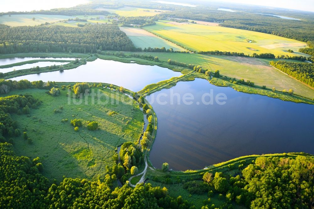 Luftbild Boecker Mühle - Uferbereiche der Teichanlagen zur Fischzucht Caarpsee - Woterfitzsee in Boecker Mühle im Bundesland Mecklenburg-Vorpommern, Deutschland