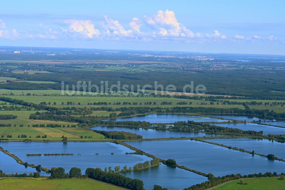 Luftaufnahme Dütschow - Uferbereiche der Teichanlagen zur Fischzucht Fischteiche in der Lewitz in Dütschow im Bundesland Mecklenburg-Vorpommern, Deutschland