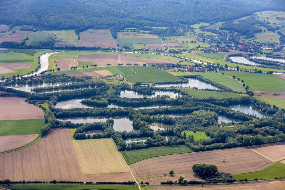 Rinteln von oben - Uferbereiche der Teichanlagen zur Fischzucht Großwieden in Rinteln im Bundesland Niedersachsen, Deutschland