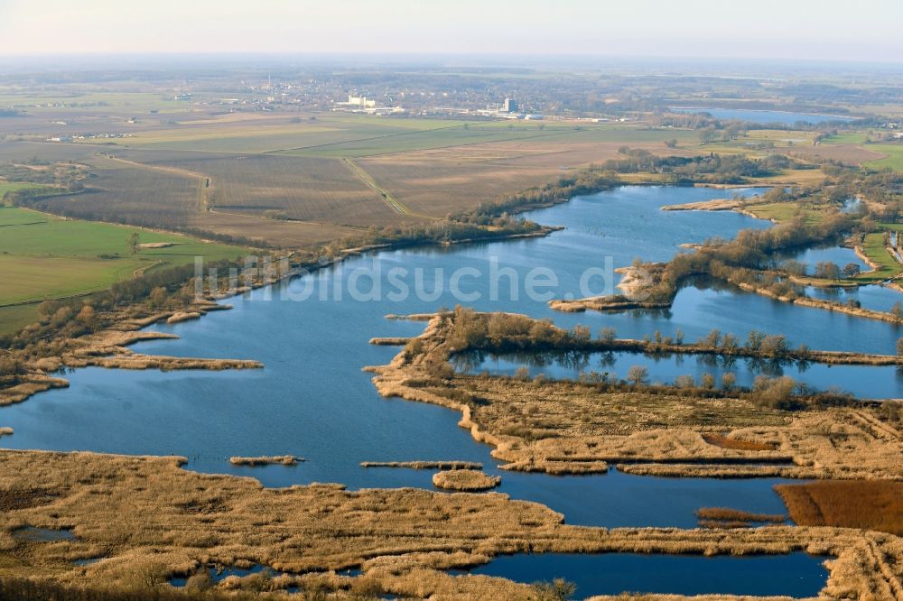 Luftaufnahme Ribbeck - Uferbereiche der Teichanlagen zur Fischzucht Langer Stich in Ribbeck im Bundesland Brandenburg, Deutschland