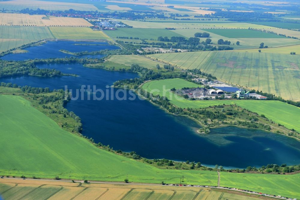 Luftaufnahme Wegeleben - Uferbereiche der Teichanlagen zur Fischzucht in Wegeleben im Bundesland Sachsen-Anhalt, Deutschland