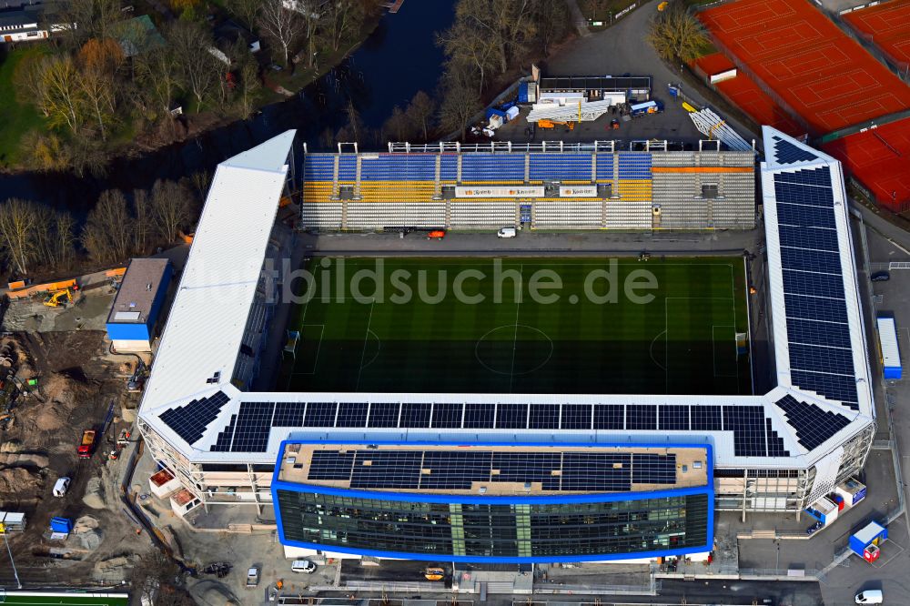 Luftbild Jena - Um- und Ausbau des Sportstätten-Geländes des Stadion Ernst-Abbe-Sportfeld in Jena im Bundesland Thüringen, Deutschland
