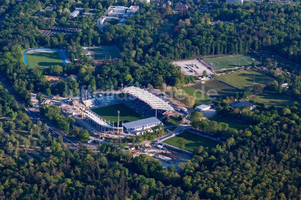Karlsruhe von oben - Umbau- Baustelle am Sportstätten-Gelände des KSC-Stadion Wildparkstadion in Karlsruhe im Bundesland Baden-Württemberg, Deutschland