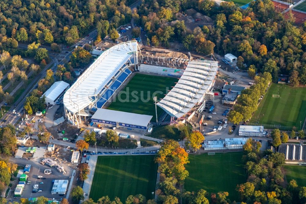 Luftaufnahme Karlsruhe - Umbau- Baustelle am Sportstätten-Gelände des KSC-Stadion Wildparkstadion in Karlsruhe im Bundesland Baden-Württemberg, Deutschland