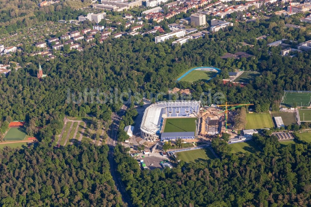 Luftbild Karlsruhe - Umbau- Baustelle am Sportstätten-Gelände des KSC-Stadion Wildparkstadion in Karlsruhe im Bundesland Baden-Württemberg, Deutschland