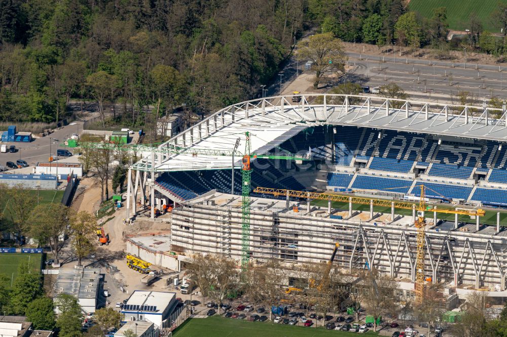 Karlsruhe von oben - Umbau- Baustelle am Sportstätten-Gelände des KSC-Stadion Wildparkstadion in Karlsruhe im Bundesland Baden-Württemberg, Deutschland