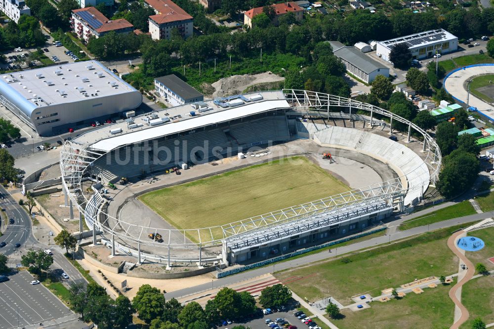 Luftbild Dresden - Umbau- Baustelle am Sportstätten-Gelände des Stadion Heinz-Steyer-Stadion in Dresden im Bundesland Sachsen, Deutschland