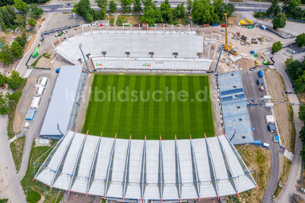 Luftbild Karlsruhe - Umbau- Baustelle am Sportstätten-Gelände des Stadion Wildparkstadion in Karlsruhe im Bundesland Baden-Württemberg, Deutschland