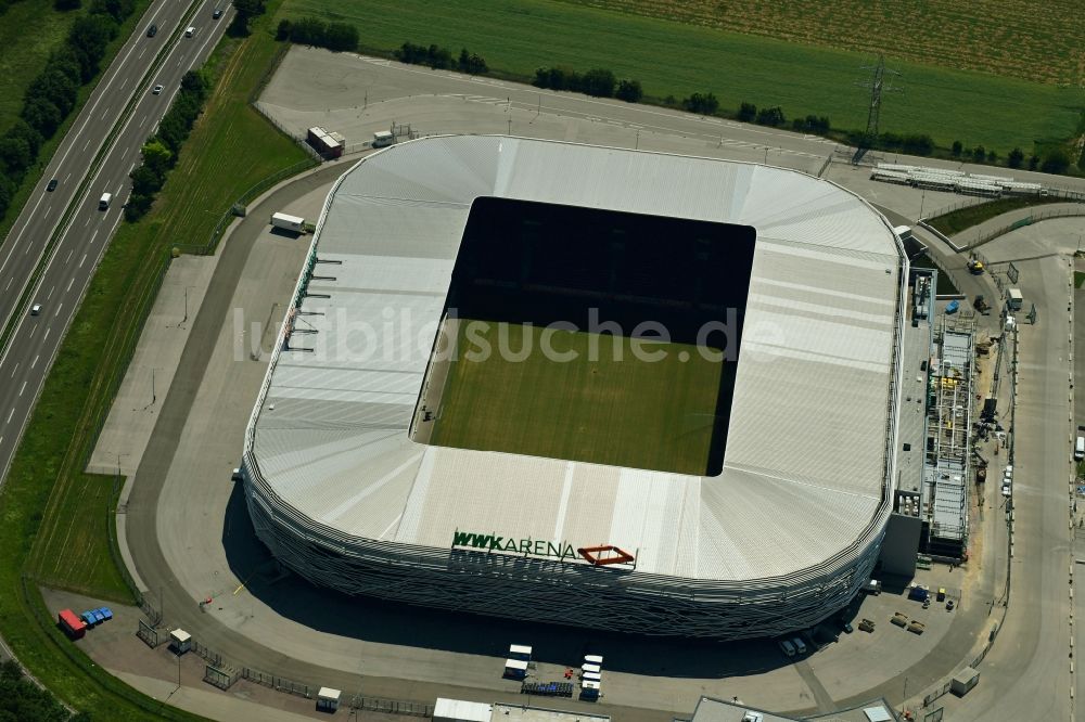 Luftaufnahme Augsburg - Umbau- Baustelle am Sportstätten-Gelände des Stadion WWK Arena des FC Augsburg in Augsburg im Bundesland Bayern, Deutschland