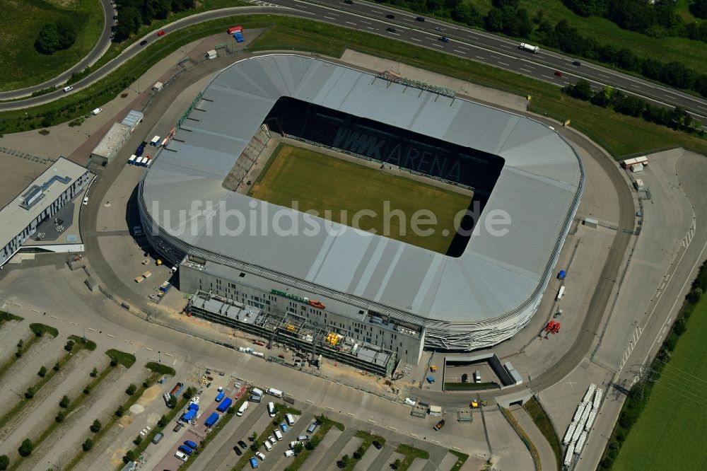 Luftbild Augsburg - Umbau- Baustelle am Sportstätten-Gelände des Stadion WWK Arena des FC Augsburg in Augsburg im Bundesland Bayern, Deutschland