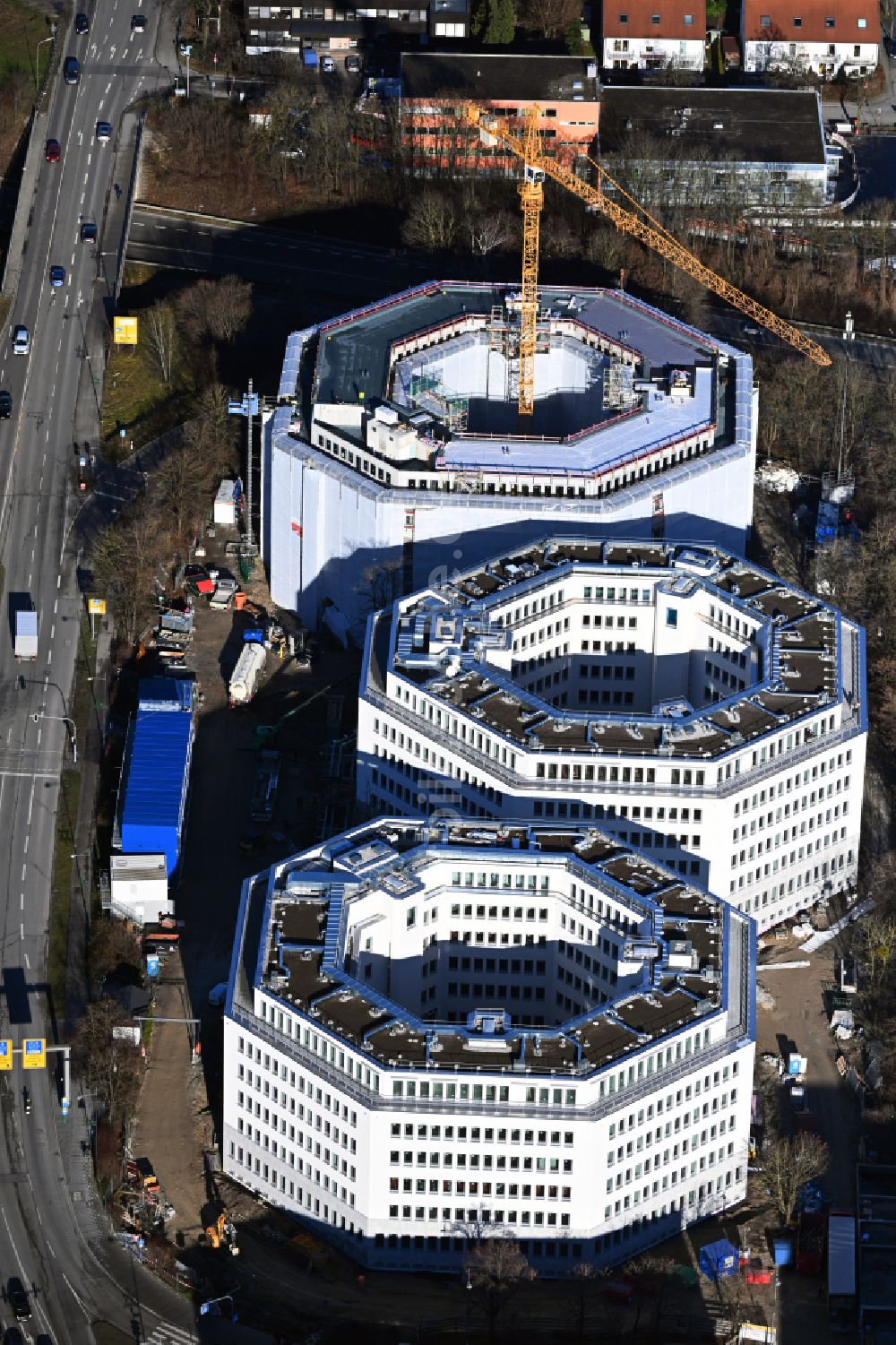 Luftbild Unterföhring - Umbau eines Büro- und Geschäftshauses Oktavian- Türme in Unterföhring im Bundesland Bayern, Deutschland