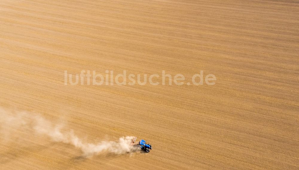 Luftbild Grimma - Umpflugarbeiten und Umschichtung der Erde durch einen Traktor mit Pflug auf landwirtschaftlichen Feldern in Grimma im Bundesland Sachsen, Deutschland