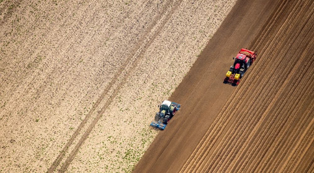 Rees von oben - Umpflugarbeiten und Umschichtung der Erde durch einen Traktor mit Pflug auf landwirtschaftlichen Feldern in Rees im Bundesland Nordrhein-Westfalen, Deutschland