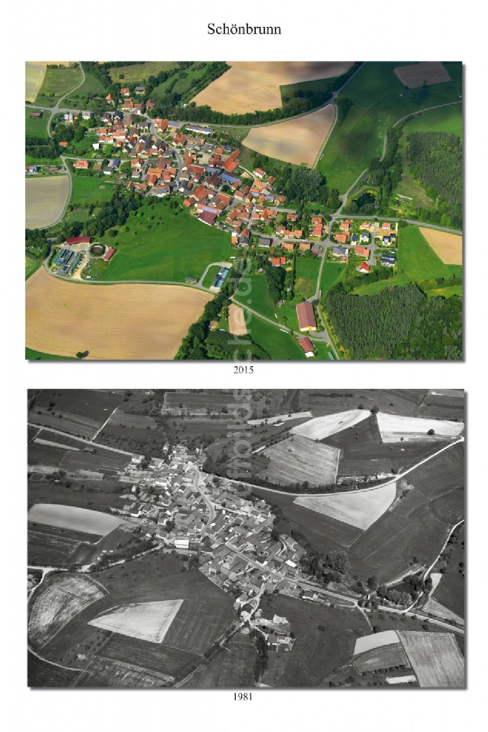 Schönbrunn aus der Vogelperspektive: 1981 und 2015 Wandel der Dorf - Ansicht von Schönbrunn im Landkreis Haßberge im Bundesland Bayern