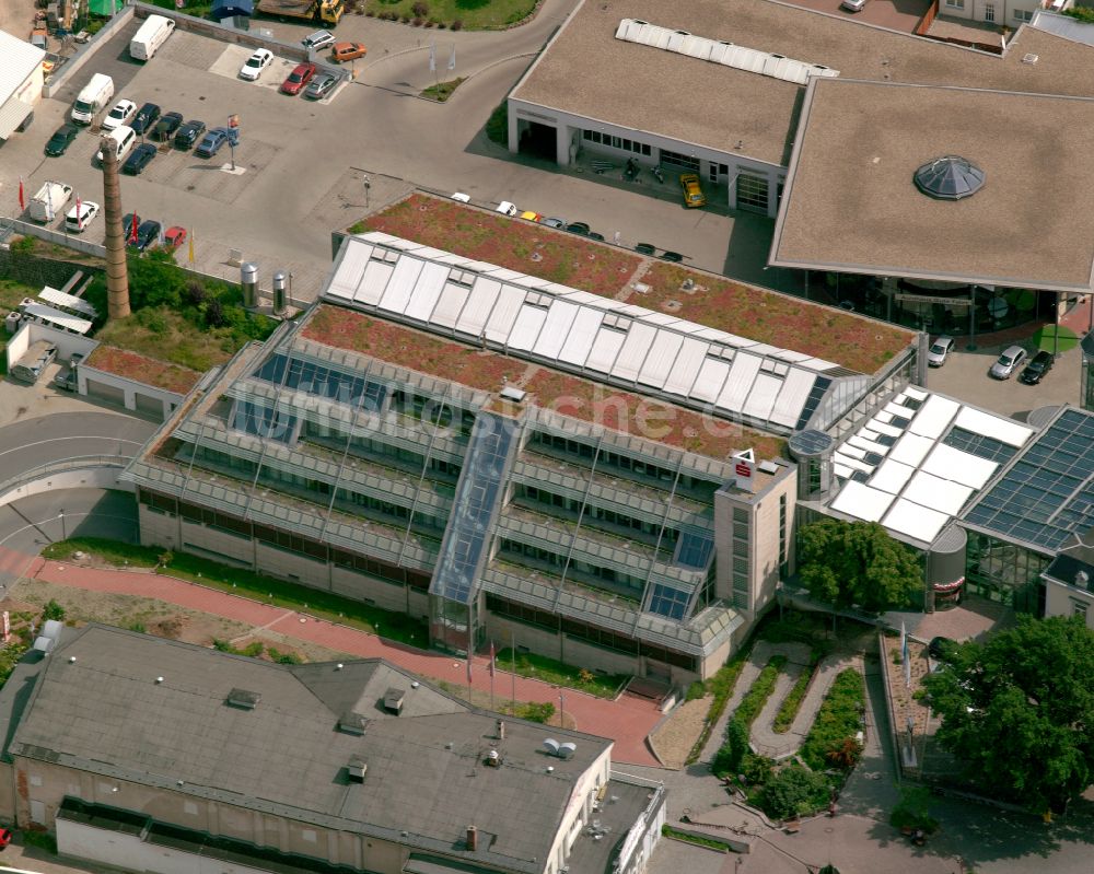 Luftaufnahme Riesa - Verwaltungsgebäude des Finanzdienstleistungs- Unternehmens der Sparkasse in Riesa im Bundesland Sachsen, Deutschland