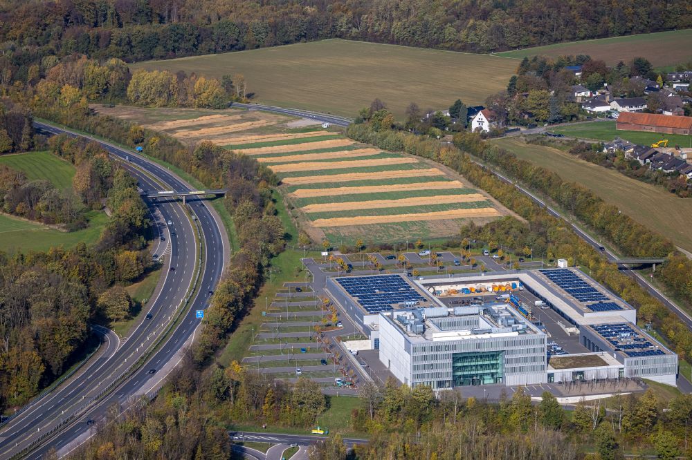 Luftbild Hagen - Verwaltungsgebäude des Unternehmens ENERVIE - Südwestfalen Energie und Wasser AG am Platz der Impulse im Ortsteil Herbeck in Hagen im Bundesland Nordrhein-Westfalen