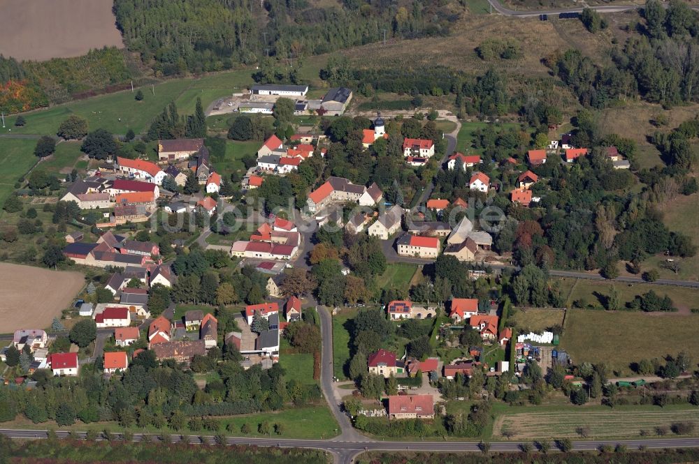 Pödelwitz aus der Vogelperspektive: Vom Abbruch bedrohte Dorf Pödelwitz am Rande des Braunkohle - Tagebaus Schleenhain in Sachsen