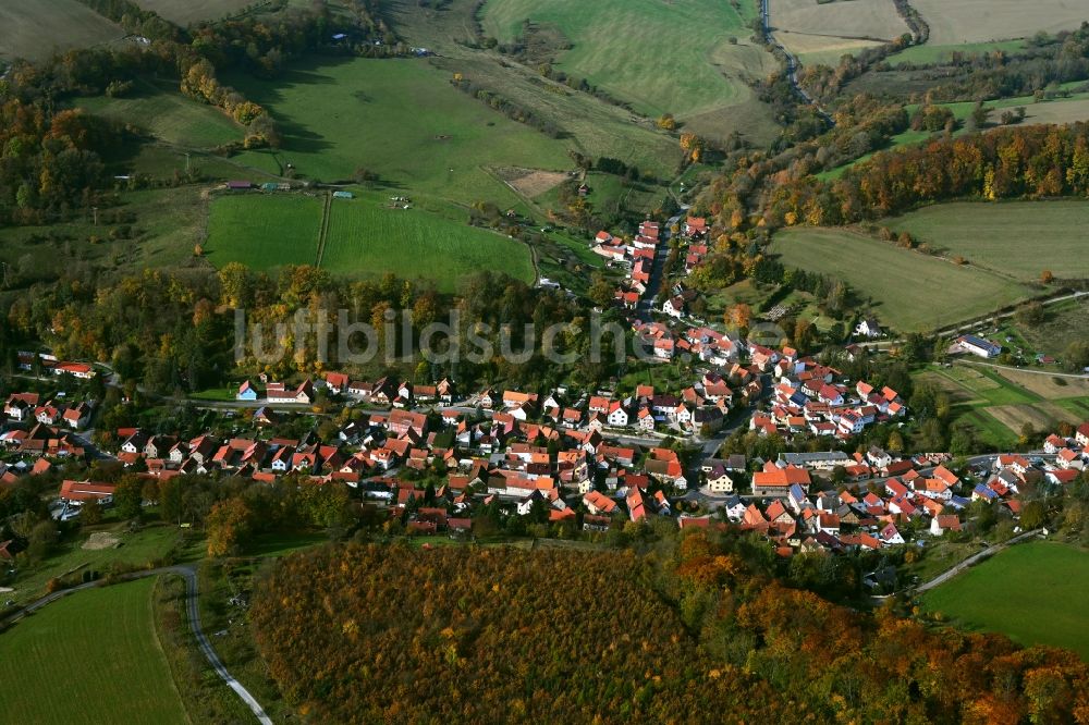 Nazza von oben - Von Wald umgebene Ortsansicht in Nazza im Bundesland Thüringen, Deutschland