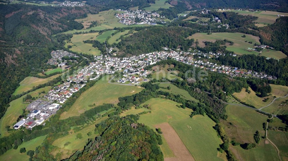 Niederbreitbach aus der Vogelperspektive: Von Wald umgebene Ortsansicht in Niederbreitbach im Bundesland Rheinland-Pfalz, Deutschland