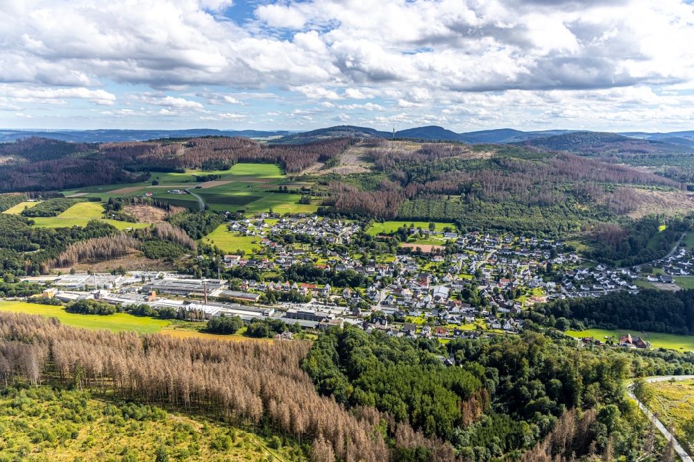 Luftaufnahme Brilon - Von Wald umgebene Ortsansicht im Ortsteil Hoppecke in Brilon im Bundesland Nordrhein-Westfalen, Deutschland