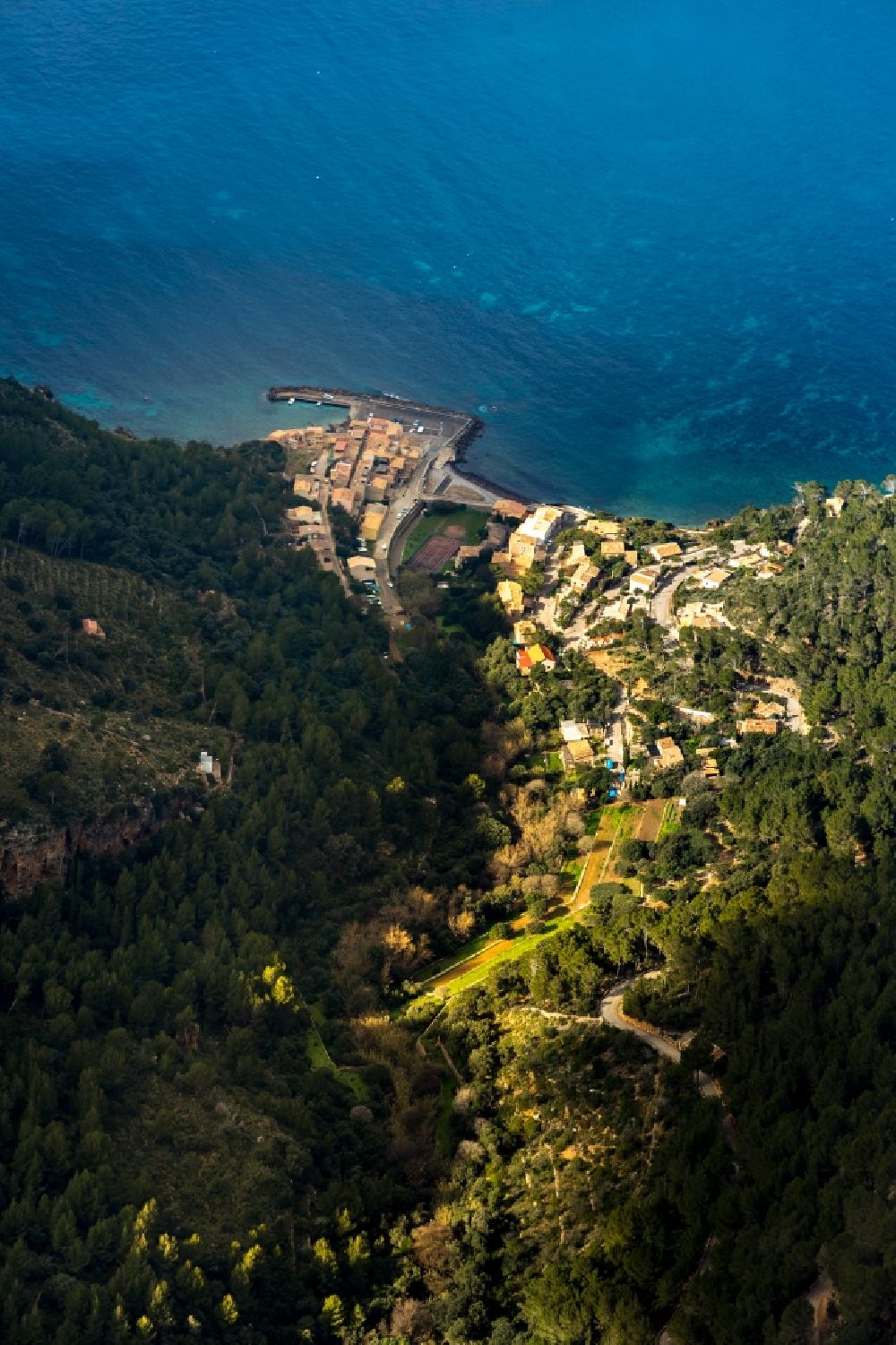 Valldemossa aus der Vogelperspektive: Von Wald umgebene Ortsansicht in Valldemossa in Balearische Insel Malorca, Spanien