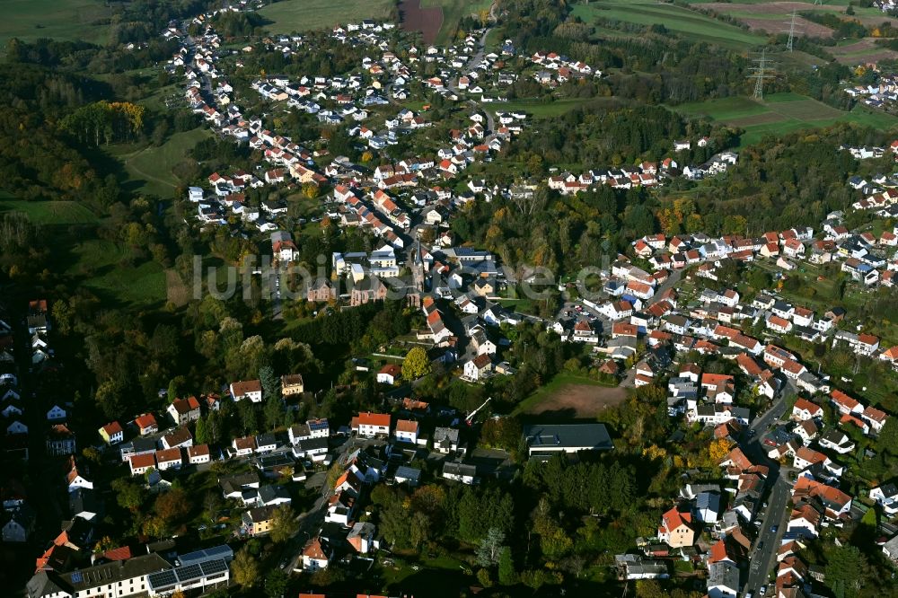 Wemmetsweiler aus der Vogelperspektive: Von Wald umgebene Ortsansicht in Wemmetsweiler im Bundesland Saarland, Deutschland