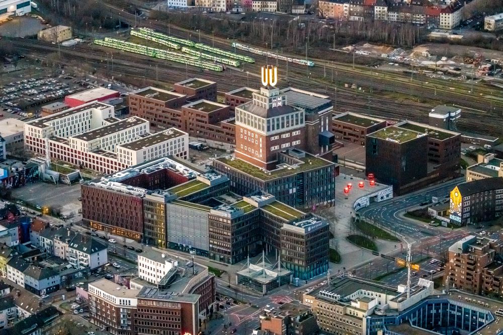 Dortmund von oben - Wahrzeichen Dortmunder U nahe der Innenstadt in Dortmund im Ruhrgebiet im Bundesland Nordrhein-Westfalen