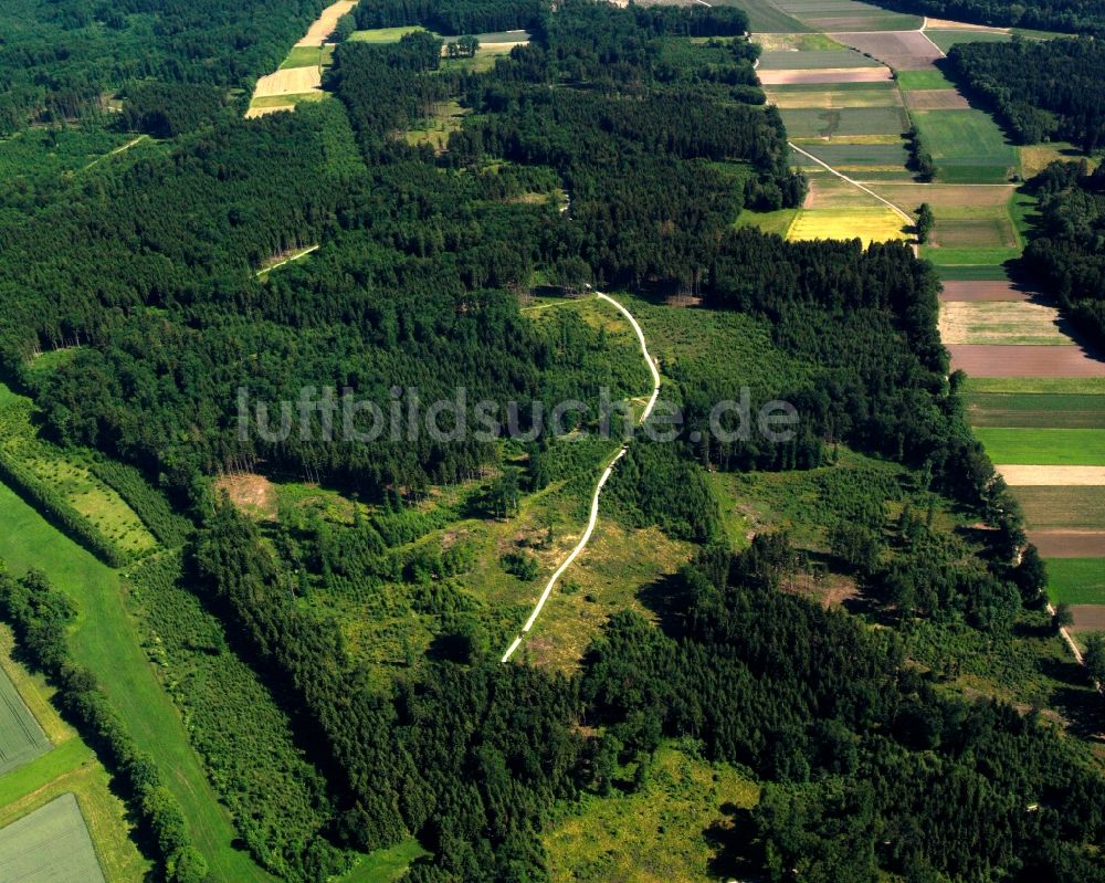 Irlbach aus der Vogelperspektive: Waldgebiet und angrenzende Felder in Irlbach im Bundesland Bayern, Deutschland