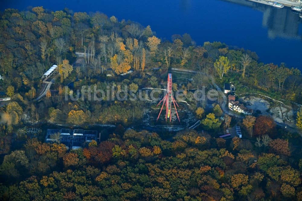 Luftaufnahme Berlin - Waldgebiete Plänterwald am Ufer der Spree im Ortsteil Treptow in Berlin, Deutschland