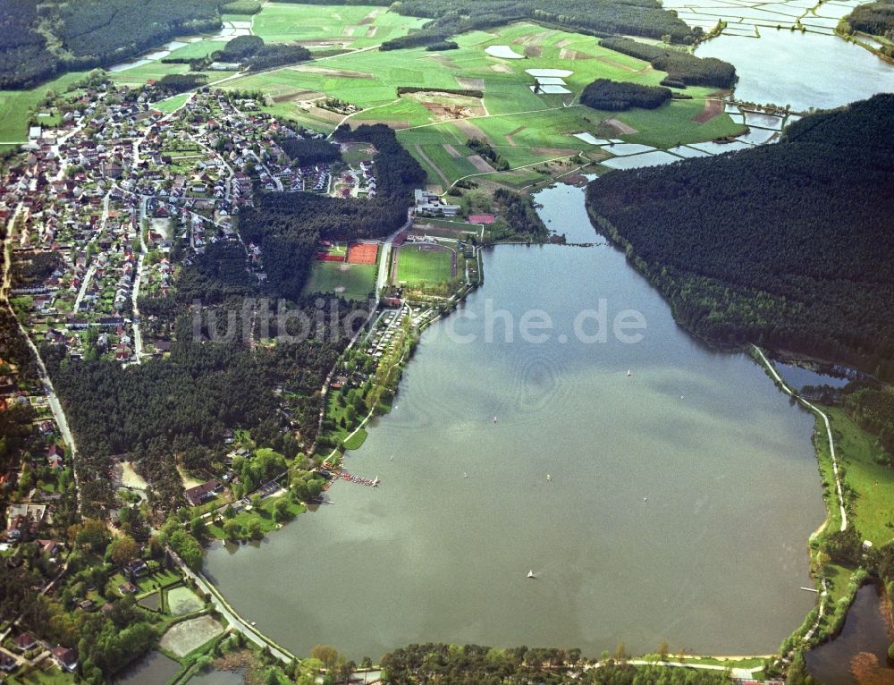 Erlangen von oben - Waldgebiete am Ufer des See Großer Bischofsweiher in Erlangen im Bundesland Bayern, Deutschland