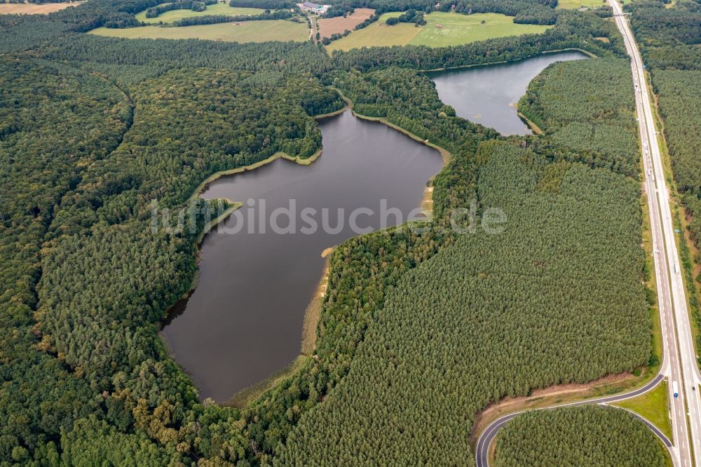 Luftaufnahme Althüttendorf - Waldgebiete am Ufer des See Tiefer Bugsinsee in Althüttendorf im Bundesland Brandenburg, Deutschland