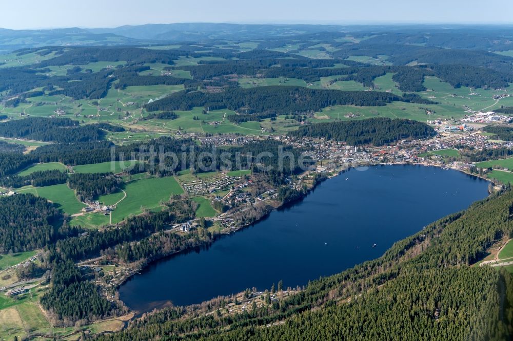 Hinterzarten von oben - Waldgebiete am Ufer des See Titisee in Hinterzarten im Bundesland Baden-Württemberg, Deutschland