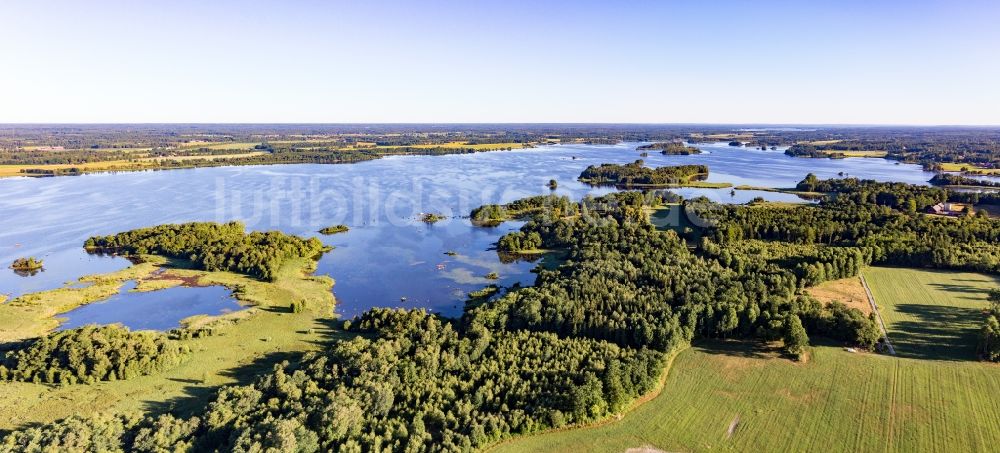 Vrankunge aus der Vogelperspektive: Waldgebiete an Uferbucht im moorfarbenen Åsnen-See bei Vrankunge in Småland in Kronobergs län, Schweden
