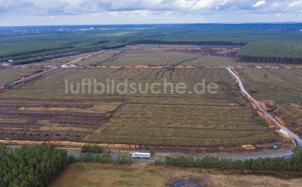 Freienbrink aus der Vogelperspektive: Waldrodung Gewerbegebiet Tesla Gigafactory in Freienbrink im Bundesland Brandenburg, Deutschland