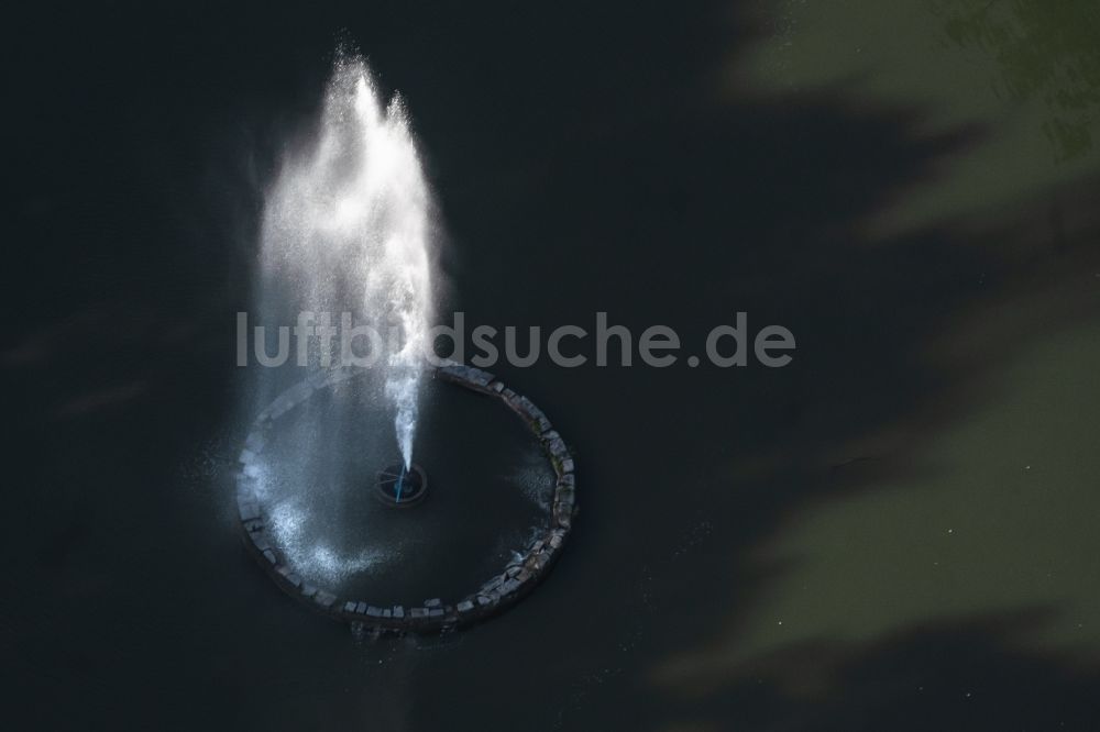 Luftaufnahme Leipzig - Wasserspiel- Fontaine auf dem See im Palmengarten in Leipzig im Bundesland Sachsen, Deutschland