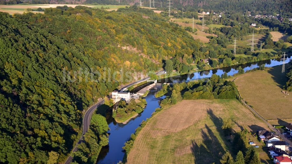 Windeck von oben - Wasserwerk und Wasserkraftwerk Unkelmühle im Ortsteil Alzenbach in Windeck im Bundesland Nordrhein-Westfalen, Deutschland