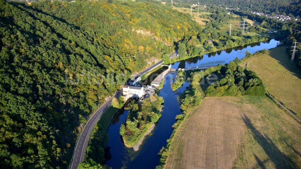 Windeck von oben - Wasserwerk und Wasserkraftwerk Unkelmühle im Ortsteil Alzenbach in Windeck im Bundesland Nordrhein-Westfalen, Deutschland