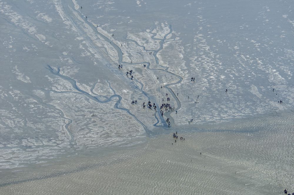 Luftbild Cuxhaven - Wattenmeer der Nordsee- Küste mit Wattenwanderung an der Prielenbildung in Sahlenburg im Bundesland Niedersachsen, Deutschland