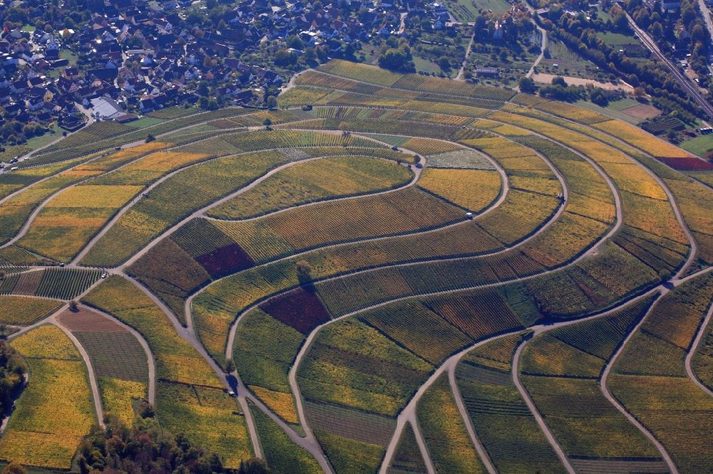 Ebringen von oben - Weinanbau auf dem Rebberg Sonnenberg in Ebringen im Bundesland Baden-Württemberg, Deutschland