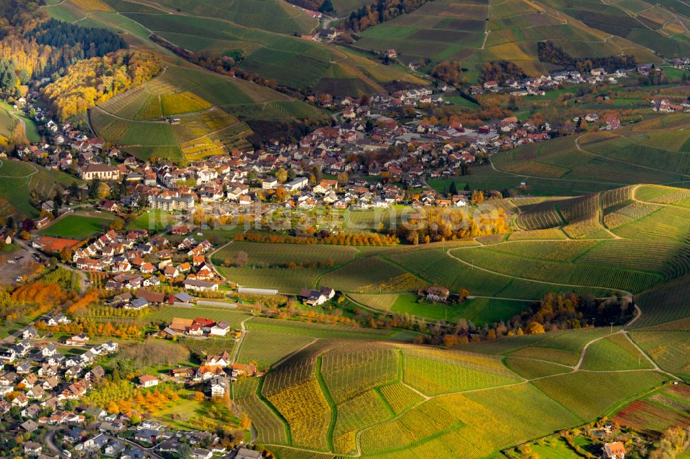 Luftaufnahme Durbach - Weinbergs- Landschaft der Winzer- Gebiete in Durbach Dorfkern mit Kirche im Bundesland Baden-Württemberg, Deutschland