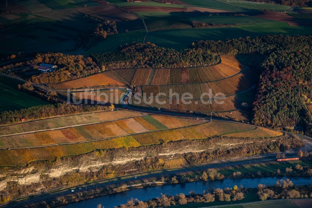 Karlstadt aus der Vogelperspektive: Weinbergs- Landschaft der Winzer- Gebiete in Karlstadt im Bundesland Bayern, Deutschland