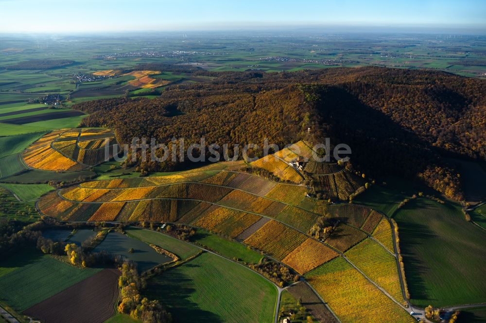 Oberschwarzach von oben - Weinbergs- Landschaft der Winzer- Gebiete in Oberschwarzach im Bundesland Bayern, Deutschland