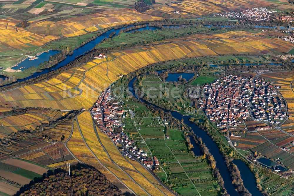 Luftbild Volkach - Weinbergs- Landschaft der Winzer- Gebiete in Volkach im Bundesland Bayern, Deutschland
