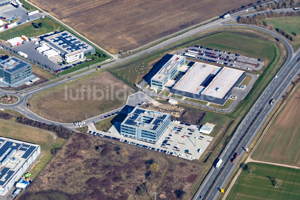 Luftaufnahme Rülzheim - Werksgelände der Eizo GmbH auf dem Gewerbegebiet Nord in Rülzheim im Bundesland Rheinland-Pfalz, Deutschland