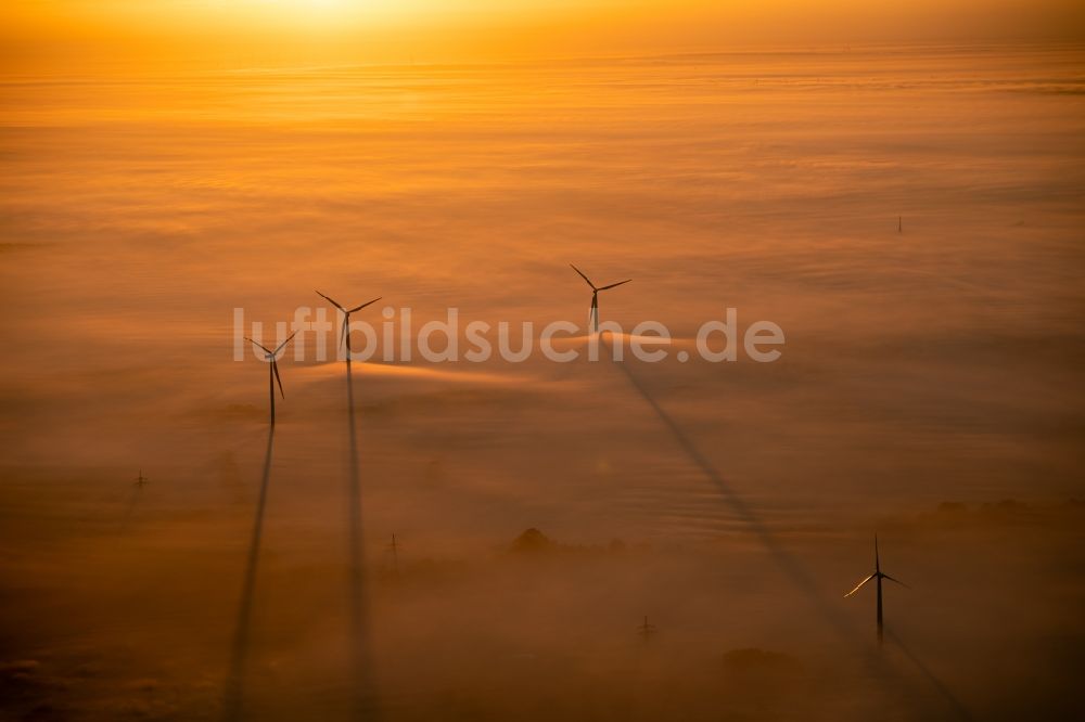 Luftaufnahme Winsen (Luhe) - Wetterbedingt in eine Nebel- Schicht eingebettete Windenergieanlagen bei Sonnenaufgang in Winsen (Luhe) im Bundesland Niedersachsen, Deutschland