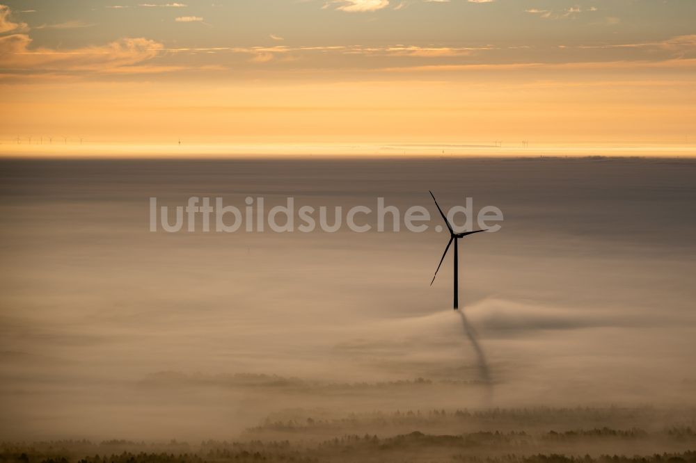 Luftbild Winsen (Luhe) - Wetterbedingt in eine Nebel- Schicht eingebettete Windenergieanlagen bei Sonnenaufgang in Winsen (Luhe) im Bundesland Niedersachsen, Deutschland