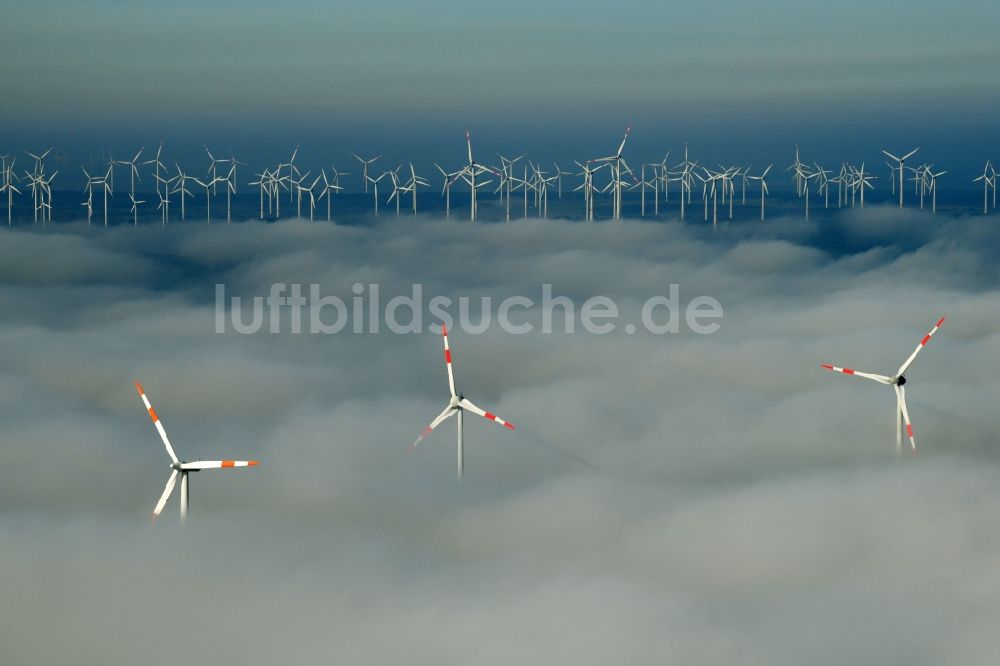 Waltersdorf von oben - Wetterbedingt in eine Nebel- Schicht eingebettete Windenergieanlagen auf einem Feld in Waltersdorf im Bundesland Brandenburg, Deutschland