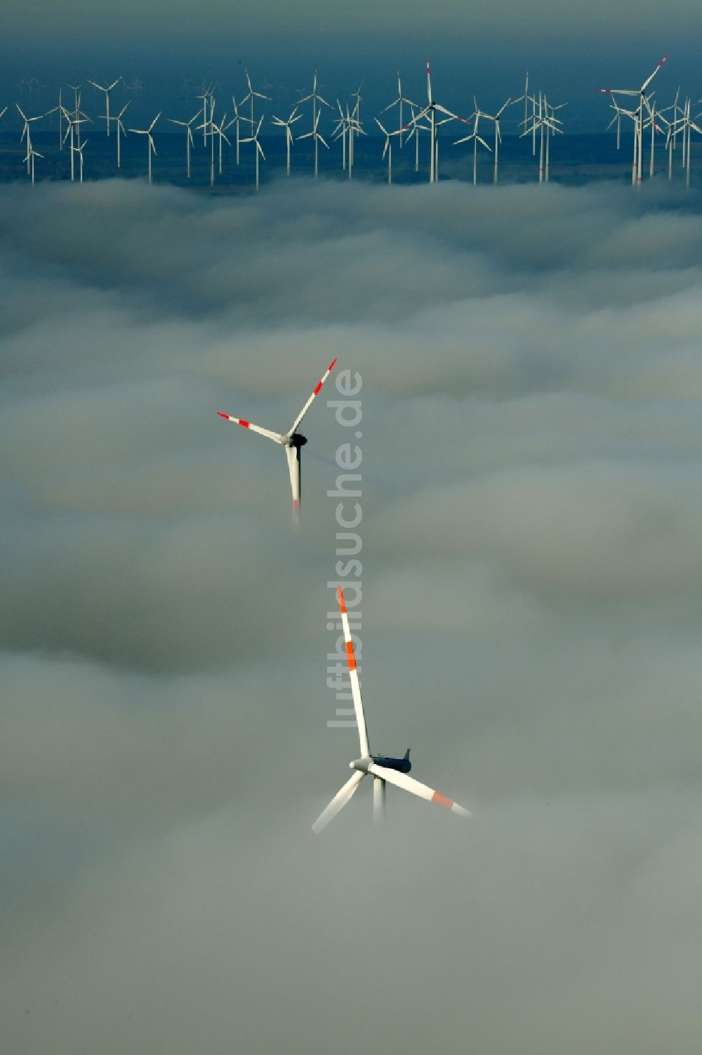 Luftaufnahme Waltersdorf - Wetterbedingt in eine Nebel- Schicht eingebettete Windenergieanlagen auf einem Feld in Waltersdorf im Bundesland Brandenburg, Deutschland
