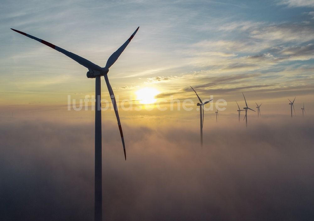 Sieversdorf aus der Vogelperspektive: Wetterbedingt in eine Nebel- Schicht eingebettete Windenergieanlagen in Sieversdorf im Bundesland Brandenburg, Deutschland