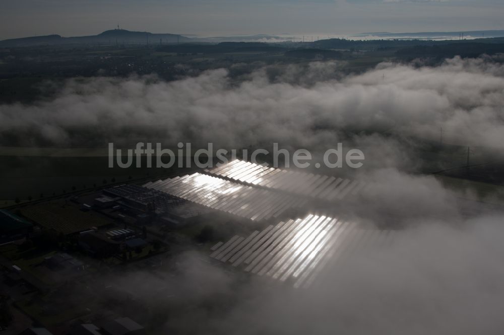 Luftbild Marienmünster - Wetterbedingt in eine Nebel- Schicht eingebetteten Solarpark bzw. Solarkraftwerk im Ortsteil Bredenborn in Marienmünster im Bundesland Nordrhein-Westfalen